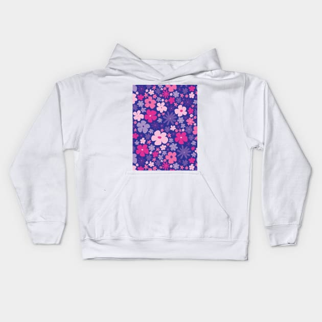 retro purple florals, hot pink, groovy 60s pattern, 70s flowers, purple flowers, girly, for teen girl Kids Hoodie by blomastudios